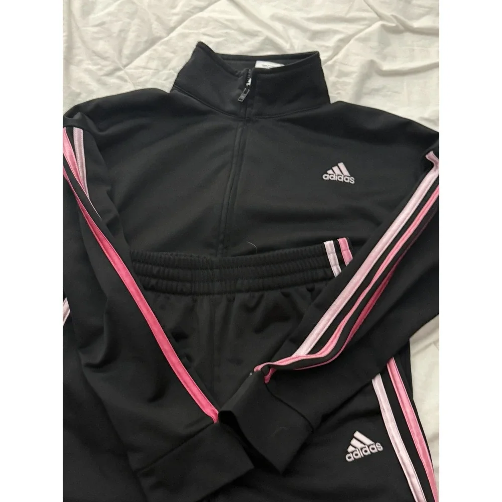 adidas girls Black & Pink Tracksuit Set 2-Piece Track Jacket & Pants S Small